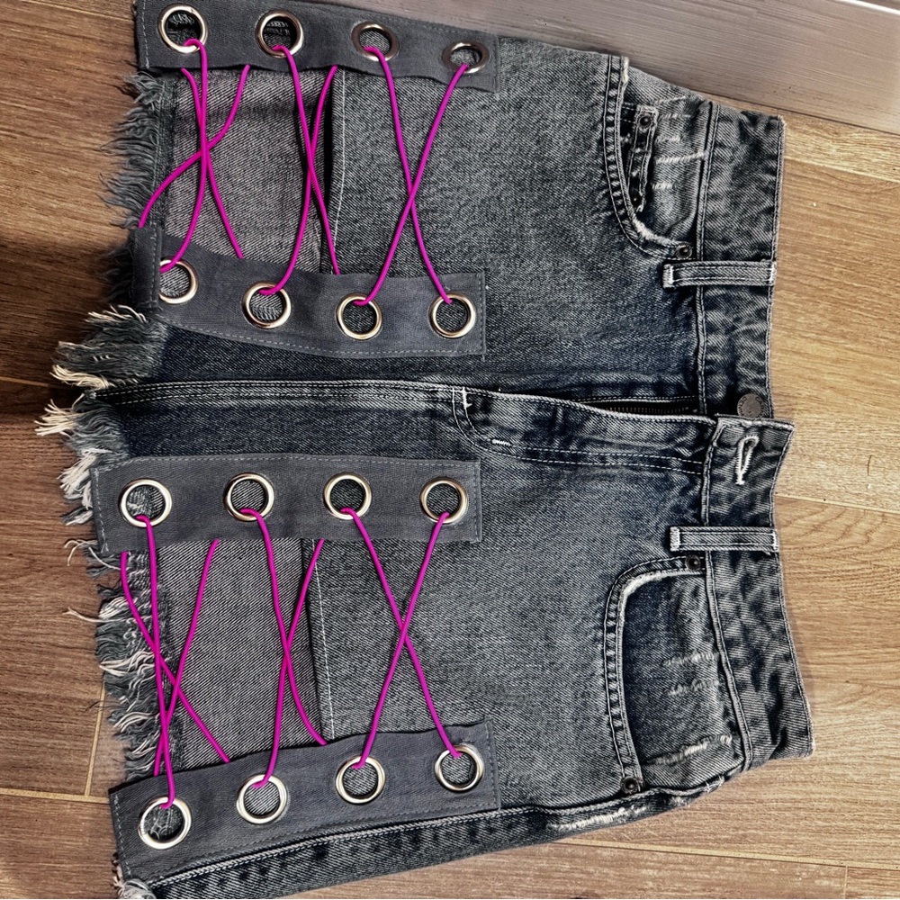 Carmar Black Wash Denim Mini Skirt with Pink Lace-Up Detail